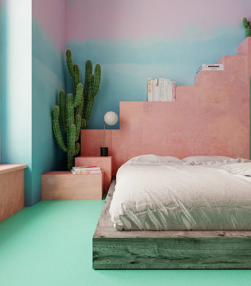 pared rosa azul y verde